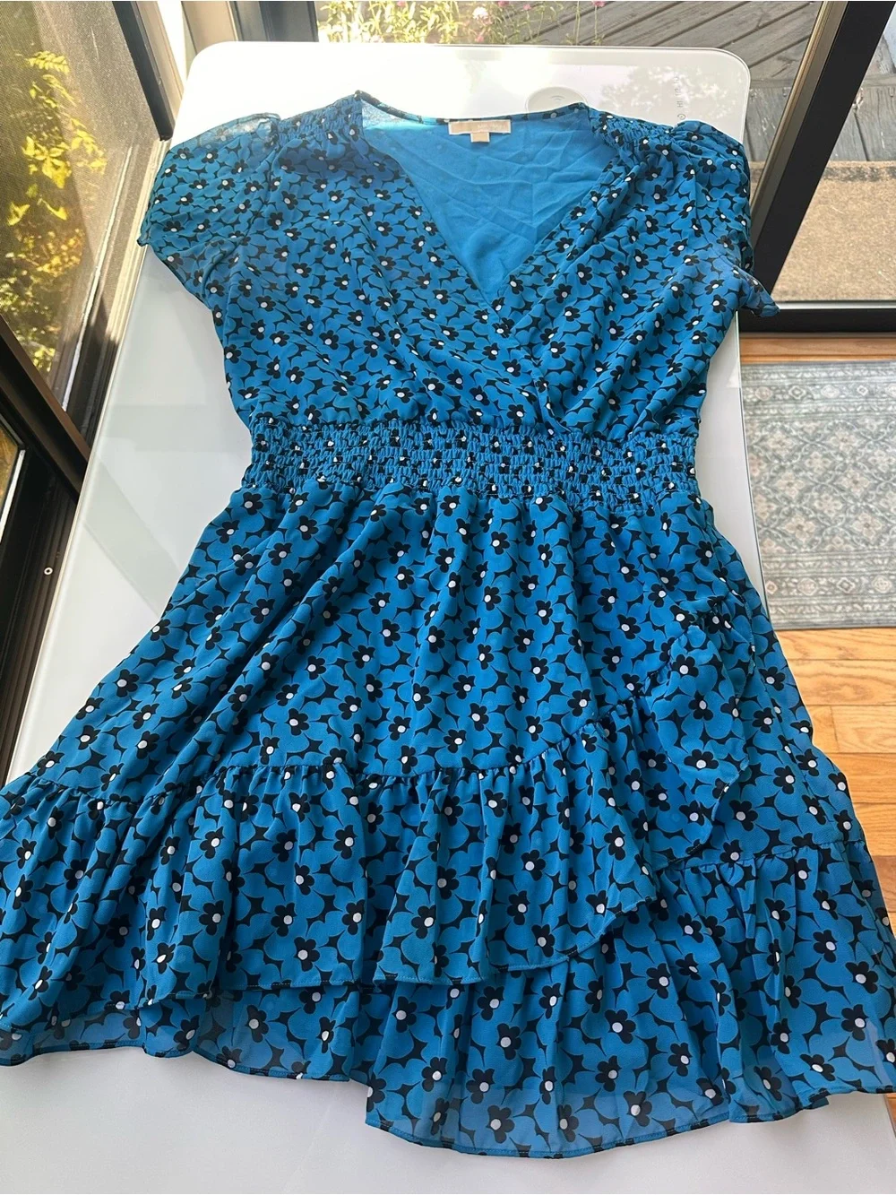 Michael Kors Blue Floral V-Neck Mini Dress